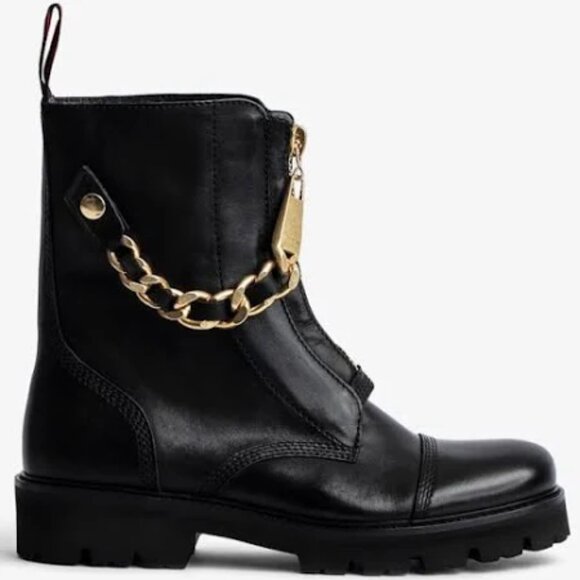 Zadig & Voltaire Joe Cecilia Smooth Cowskin Black Boots Chained Size 39 - Picture 1 of 13